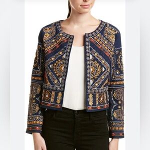 Embroidered Navy Jacket with Geometric Patterns M